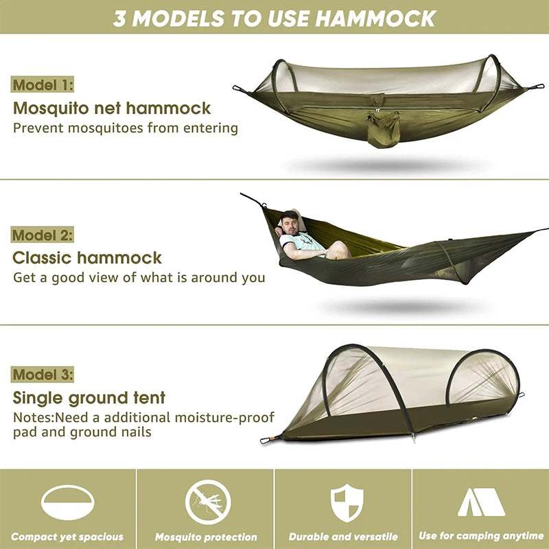 Outdoor Camping Hammock with Mosquito Net | Automatic Quick Opening Hanging Hammocks Fabric Hanging Sleeping Swing Bed