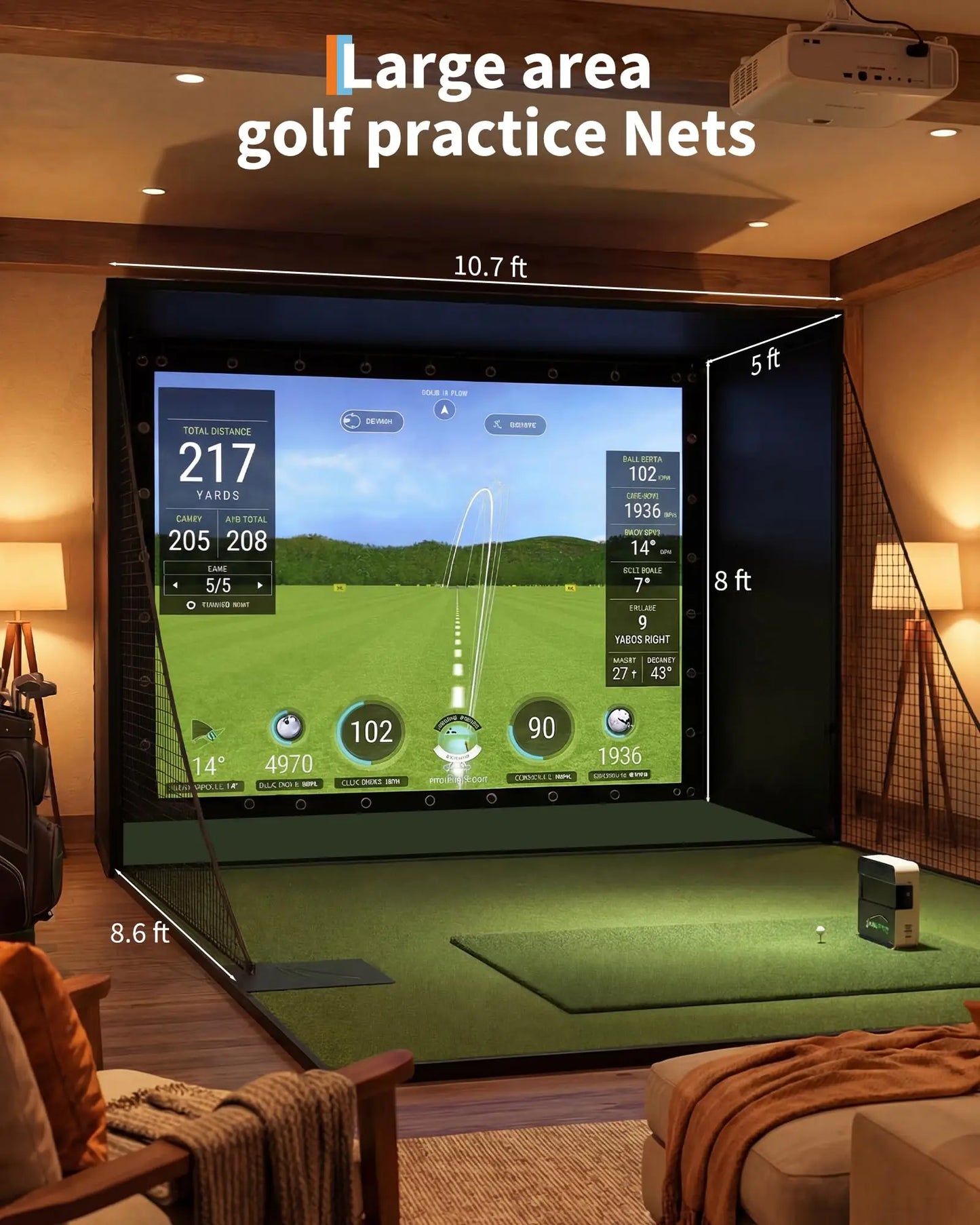 Golf Simulator Enclosure Package, 4K-Ready Impact Screen with Blackout Cage, Frame Poles, Bottom Fence mesh, Side Nets and Sandbags for Indoor or Garage Use, Guardrail