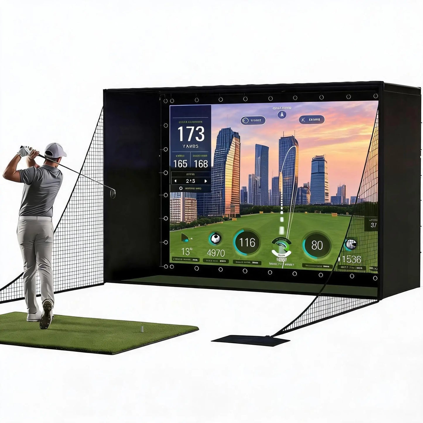 Golf Simulator Enclosure Package, 4K-Ready Impact Screen with Blackout Cage, Frame Poles, Bottom Fence mesh, Side Nets and Sandbags for Indoor or Garage Use, Guardrail