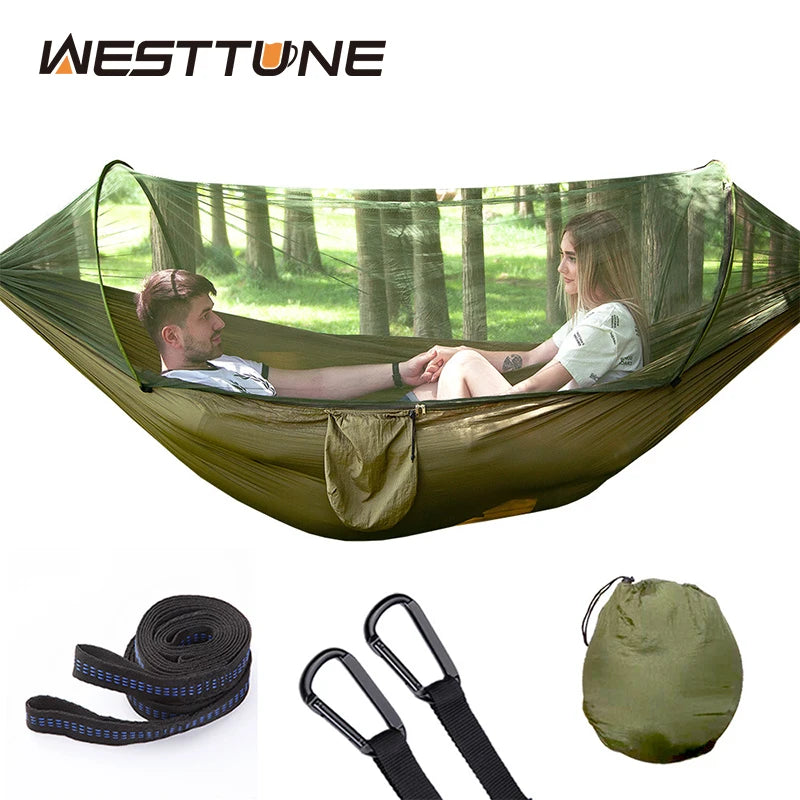 Outdoor Camping Hammock with Mosquito Net | Automatic Quick Opening Hanging Hammocks Fabric Hanging Sleeping Swing Bed