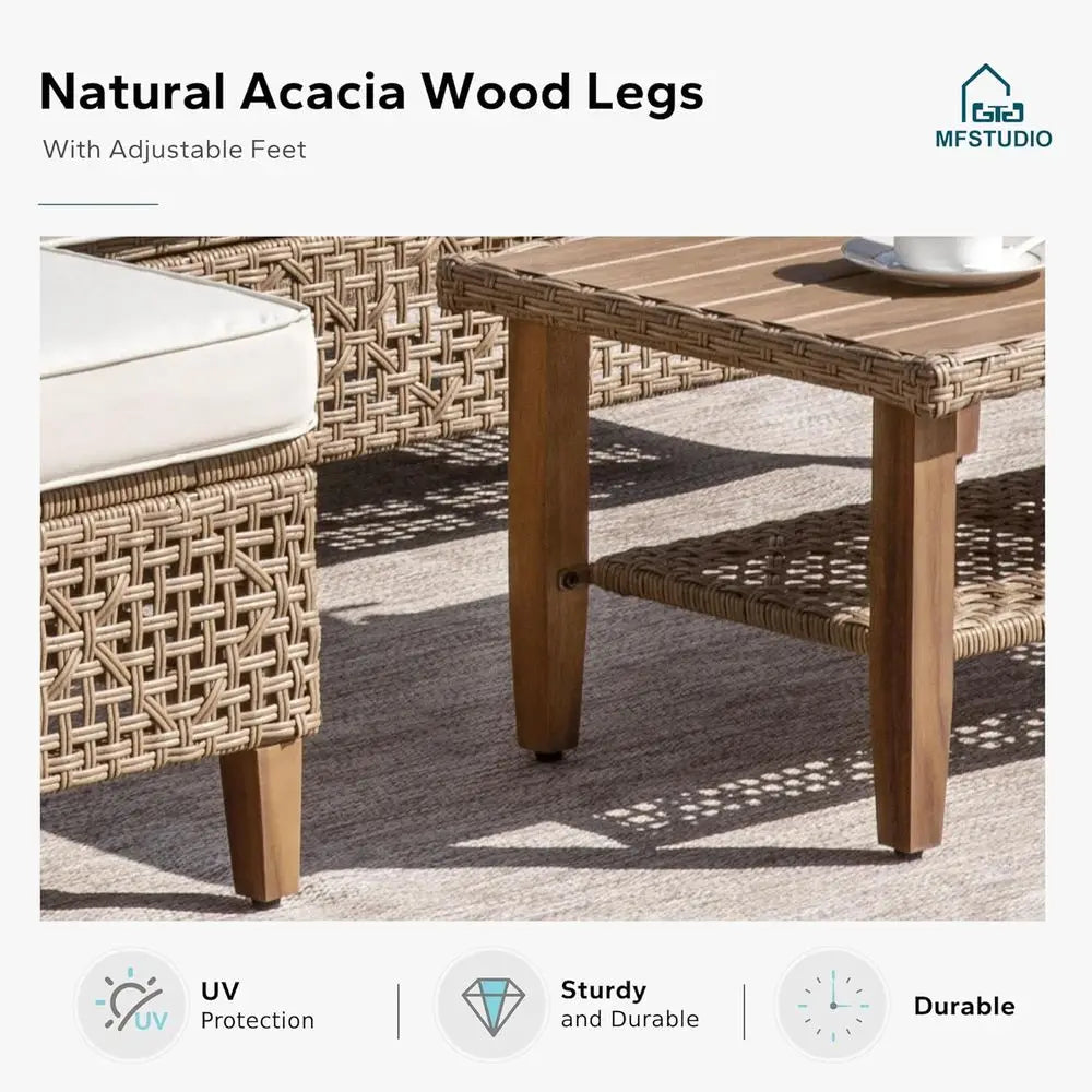 Beige 3-Piece Outdoor L-Shaped Wicker Sofa Set with Rattan Sectional and Acacia Coffee Table for Patio or Backyard
