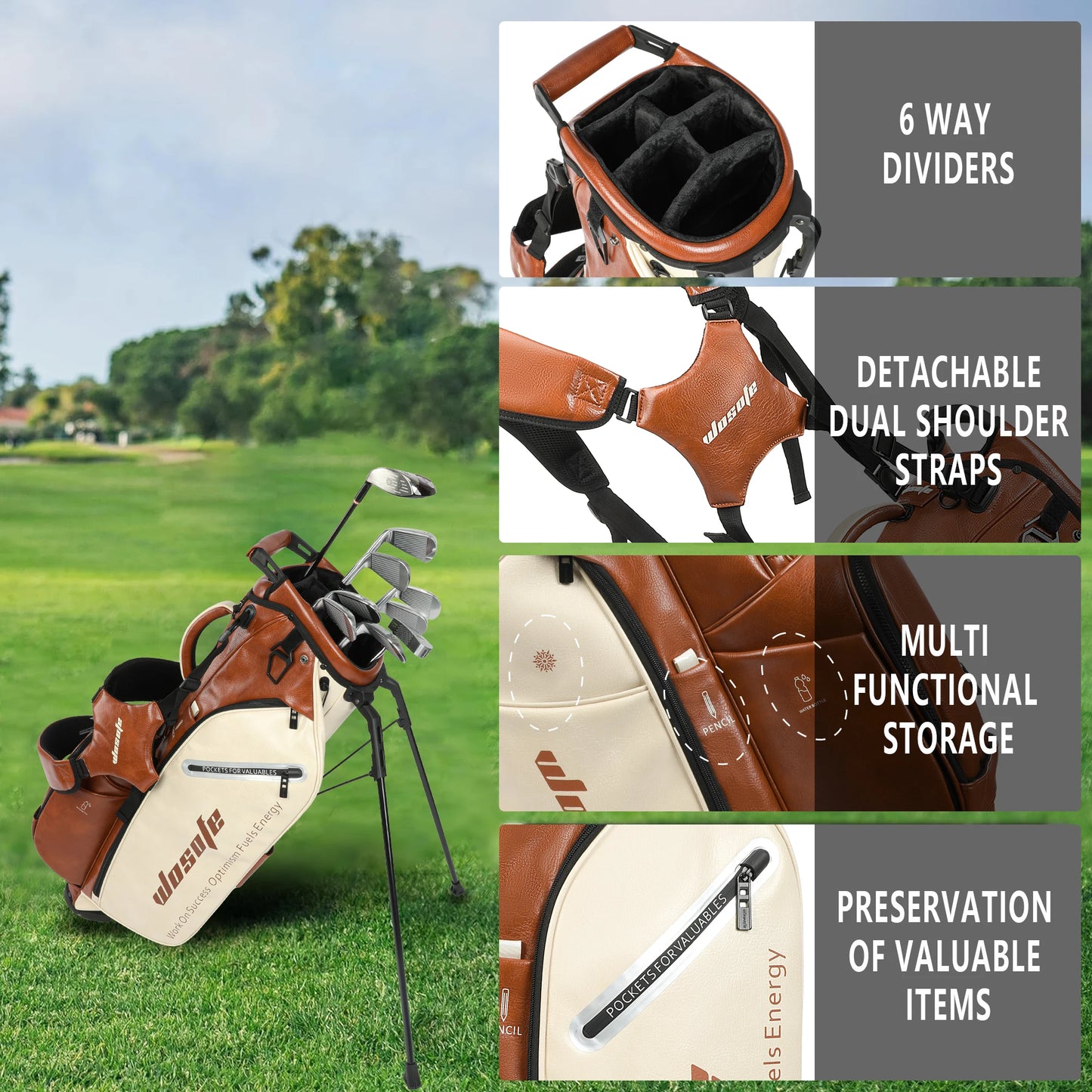 Lightweight Golf Stand Bag for Men & Women PU Material 14/6 Way Dividers 6 Way Top Dual Strap with Stand Feature