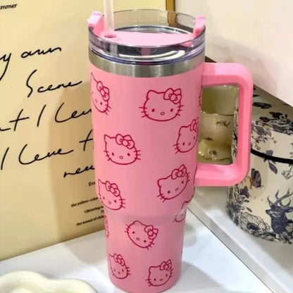 Kawaii Hello Kitty 40oz Stainless Steel Vacuum Cup Anime with Handle Straw Cup Coffee Cup with Packaging Box