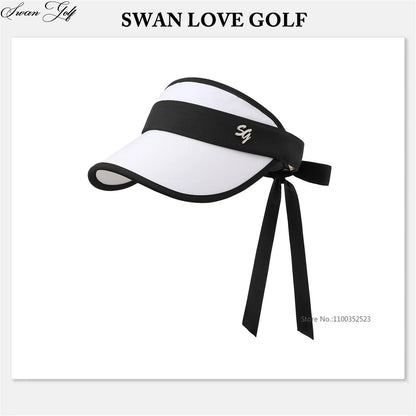 SG Korean Style Golf Cap Women Empty Top Sun Hats Girls Adjustable Large Brim Anti-UV Sports Caps Lady Headcover with Bow Ribbon