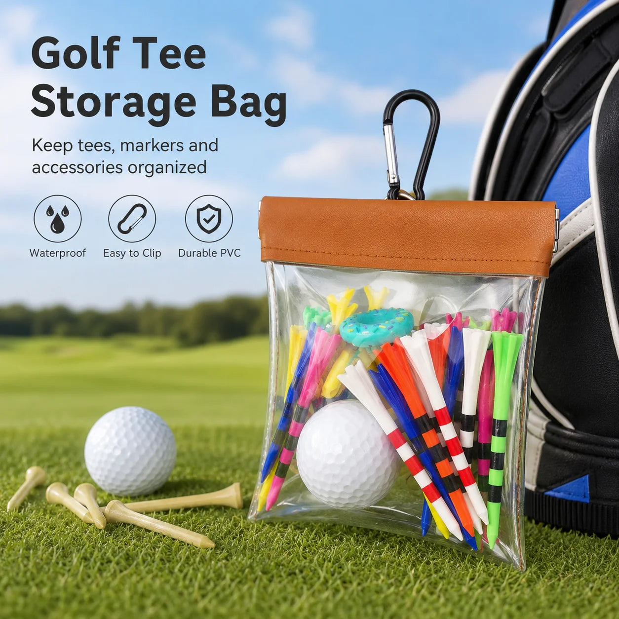 Clear PVC Golf Tee Pouch Portable Self Closing Storage Bag with Hanging Hook for Golf Course Practice Golf Bag Organization