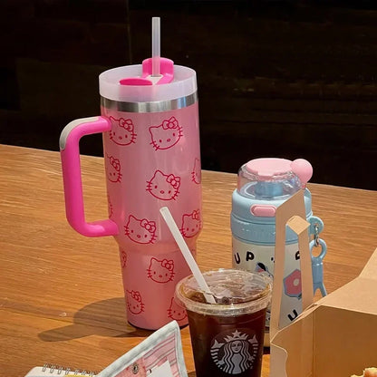 Kawaii Hello Kitty 40oz Stainless Steel Vacuum Cup Anime with Handle Straw Cup Coffee Cup with Packaging Box