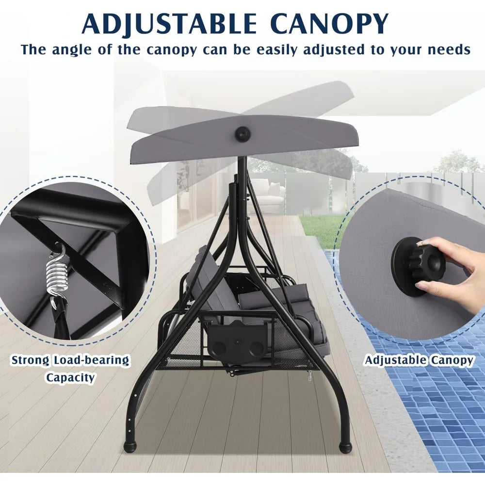 Outdoor Porch Swing with Canopy and Stand | 3 Person Patio Swing for Adults | Convertible 2 in 1 Porch Bed Swing with Cup