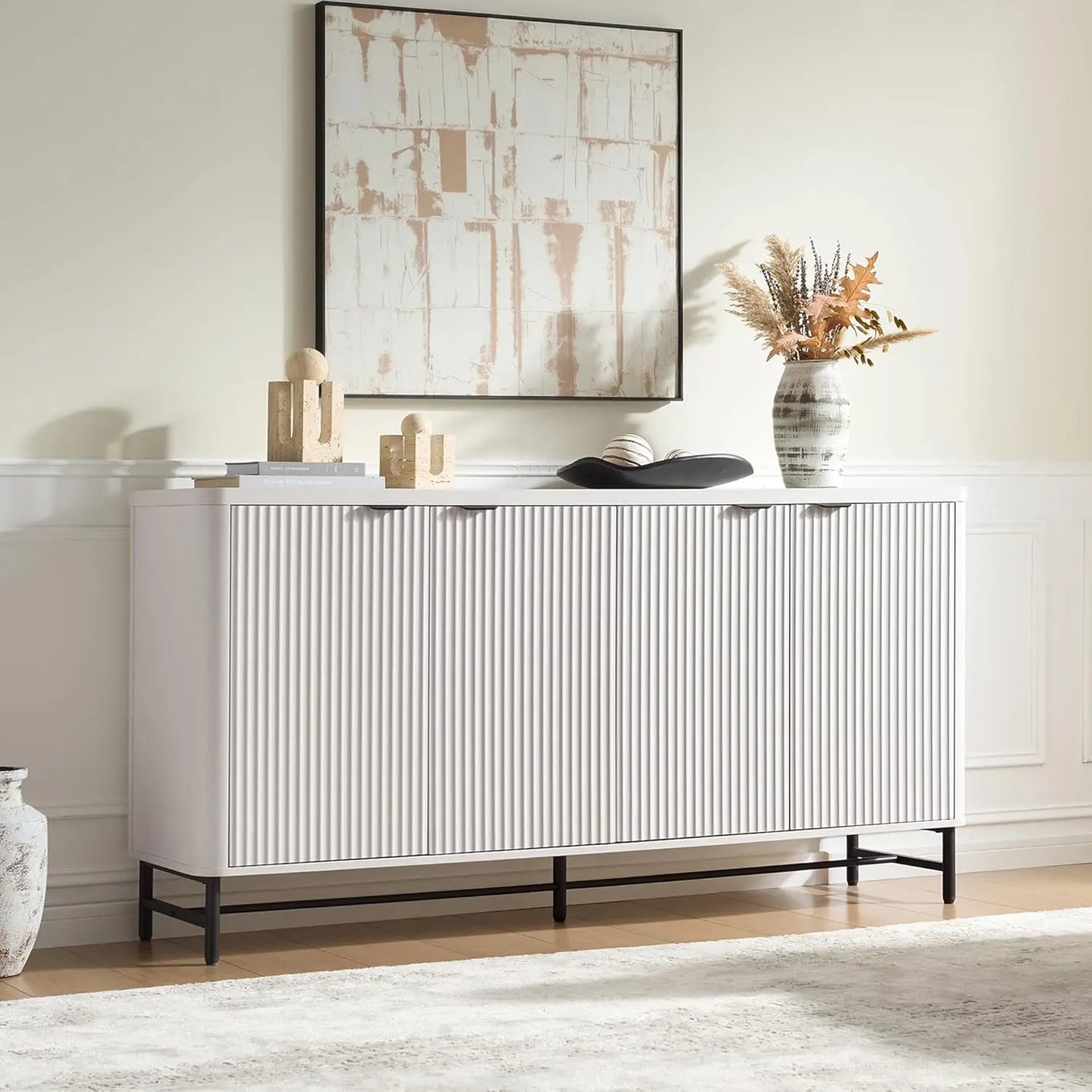 65" Buffet Sideboard with 4 Doors Adjustable Shelves Coffee Bar Console for Dining Living Entryway White Customized
