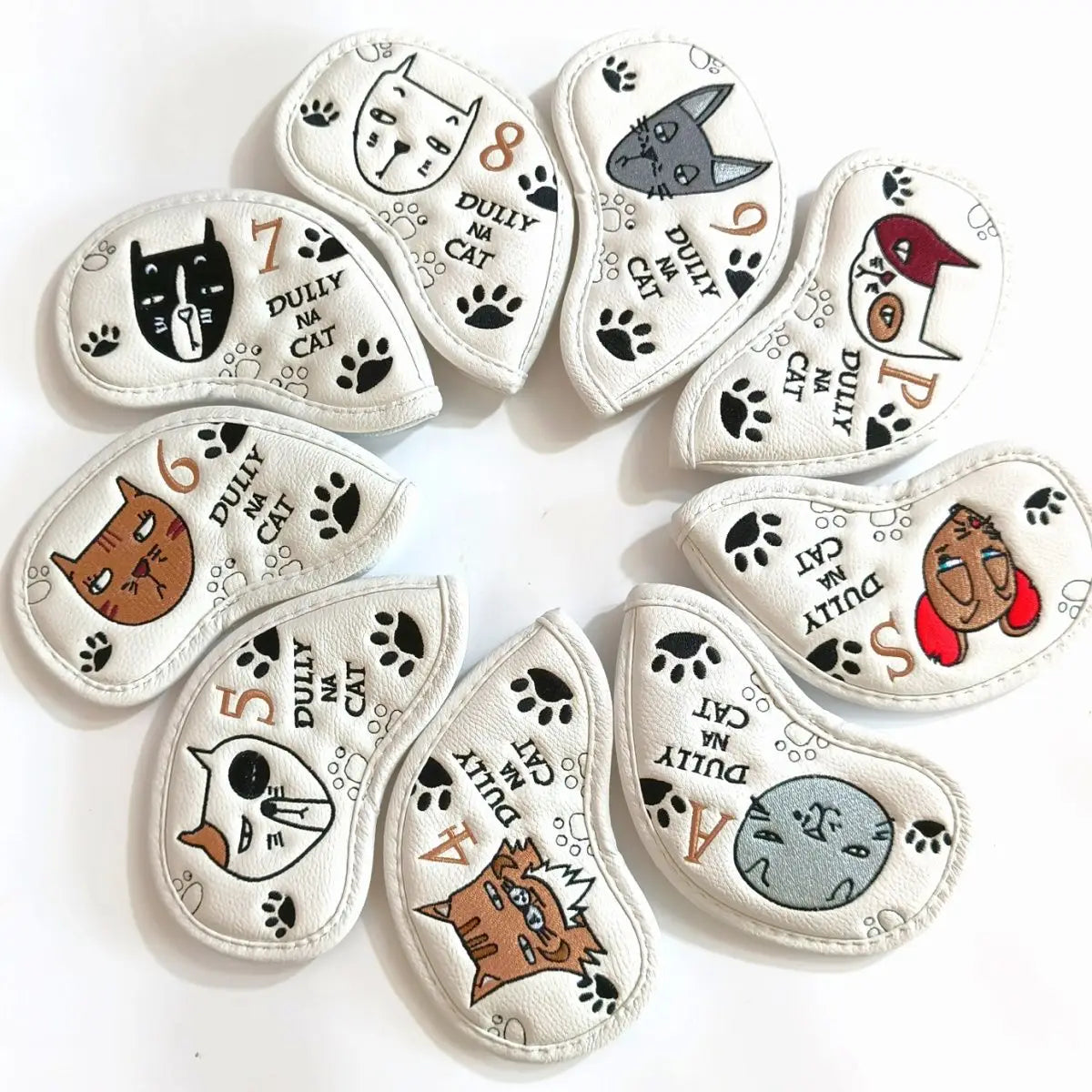 Cute Cartoon Cat Golf Iron Headcover Set PU Waterproof Golf Club Protective Covers Golf Accessories