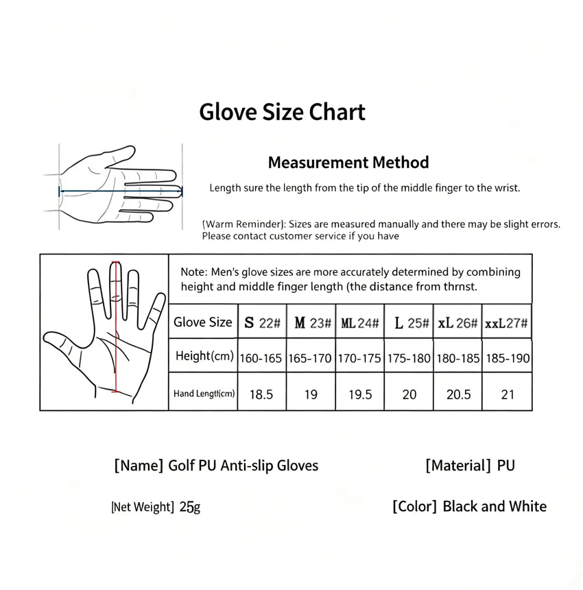 Golf Gloves Men's PU Anti Slip Palm With Particles Black And White Style Golf Player Gift