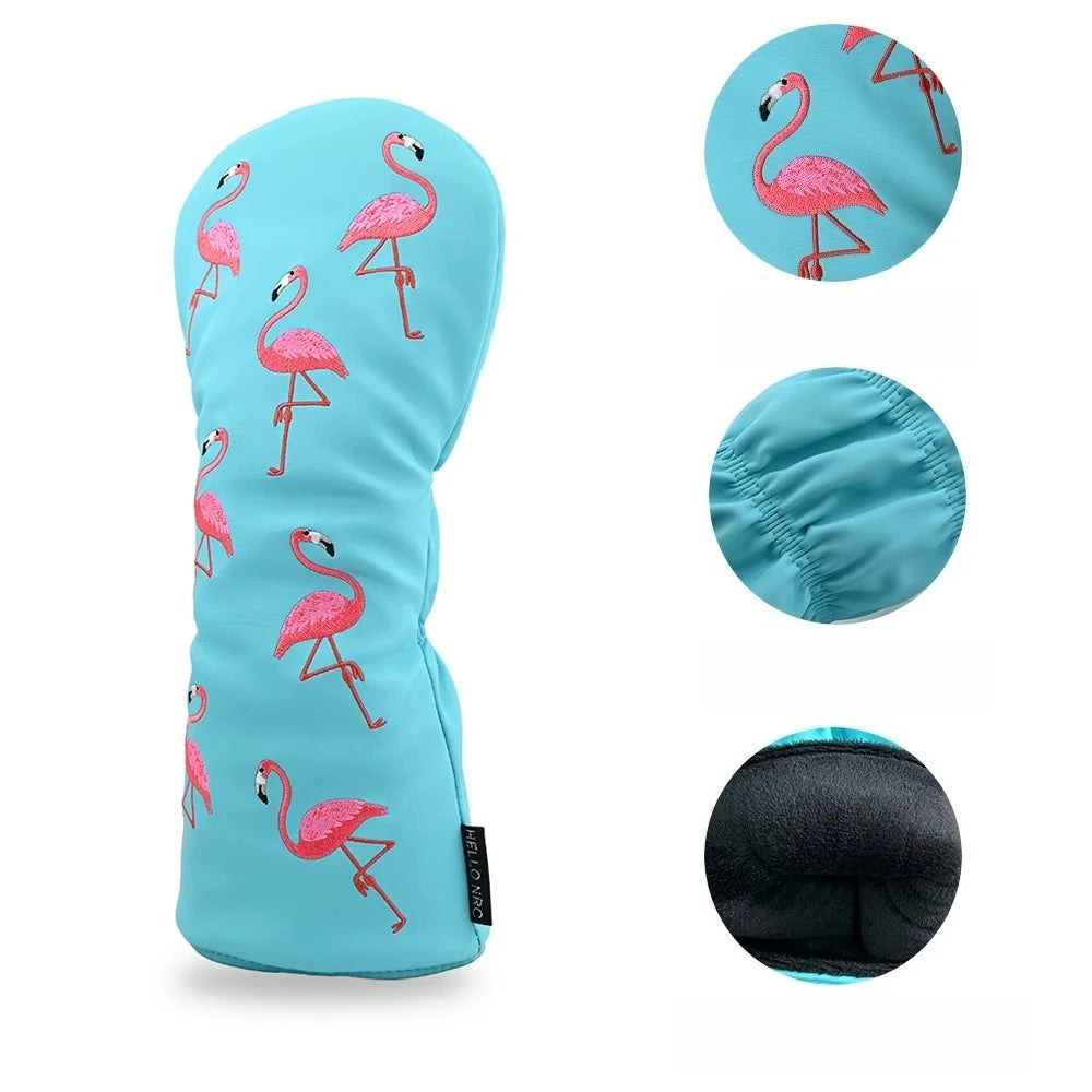Cute Flamingo Embroidery Golf Headcover Waterproof PU Driver Fairway Wood Hybrid Golf Cover Golf Protection Accessories