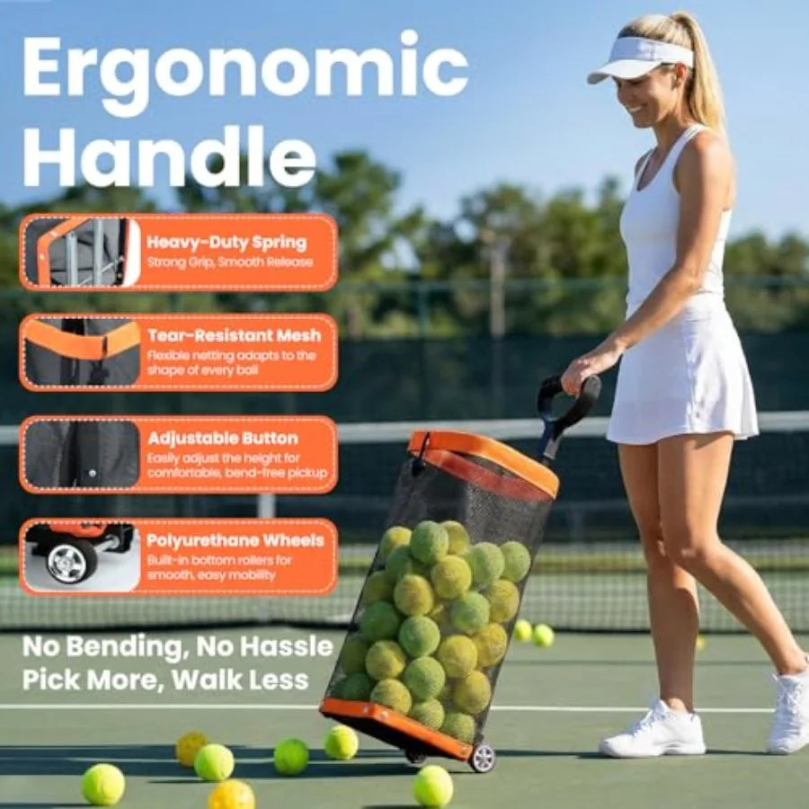 Rolling Tennis Ball Hopper with Wheels - Pickleball Picker Upper and Tennis Ball Basket - Adjustable Tennis Ball Picker and Pic