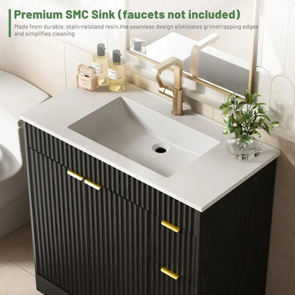 36 Inch Bathroom Vanity with Sink, Modern Fluted Bathroom Vanity with Sink with Storage Cabinet, Adjustable Shelf and 2 Soft Cl