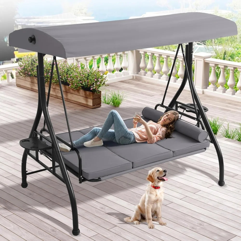 Outdoor Porch Swing with Canopy and Stand | 3 Person Patio Swing for Adults | Convertible 2 in 1 Porch Bed Swing with Cup