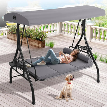 Outdoor Porch Swing with Canopy and Stand | 3 Person Patio Swing for Adults | Convertible 2 in 1 Porch Bed Swing with Cup