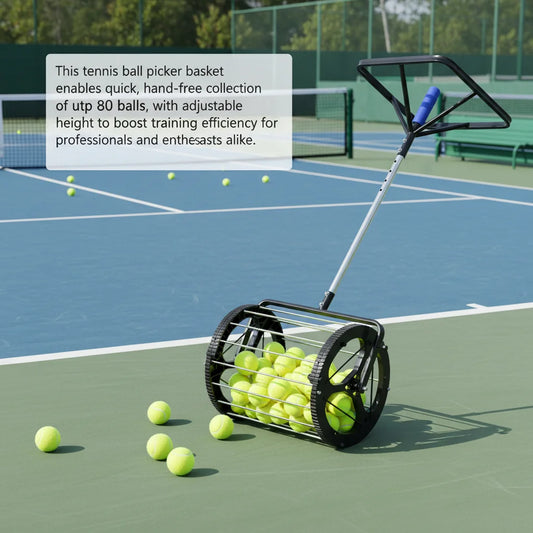 Tennis Ball Picker Hopper, Automatic Ball Basket for 80 Balls, Adjustable Height 35.8-40.5in for Court Training