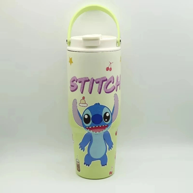 30OZ Stitch High-capacity Vacuum Cup Anime Stainless Steel Auto Cup Gradient Color Outdoor Portable Handheld Straw Cup