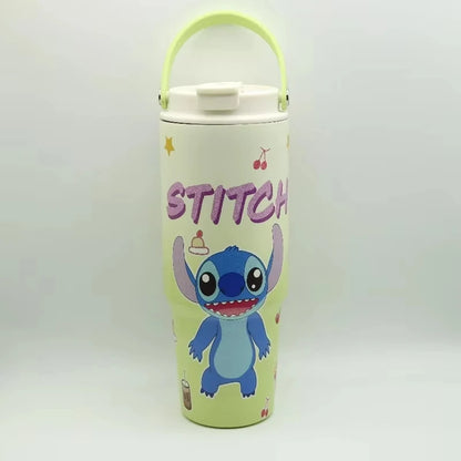 30OZ Stitch High-capacity Vacuum Cup Anime Stainless Steel Auto Cup Gradient Color Outdoor Portable Handheld Straw Cup