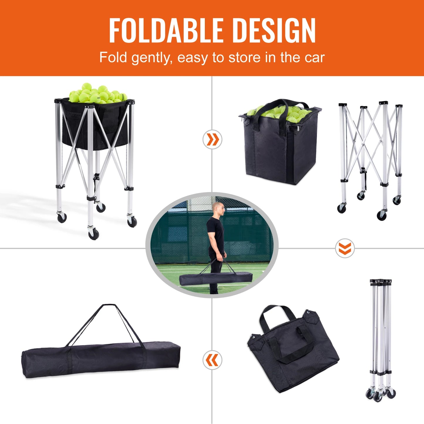 Foldable Tennis Ball Cart Holds 150/180 Tennis Balls Basket Hopper with Wheels for Sports Teaching Baseball Trolley