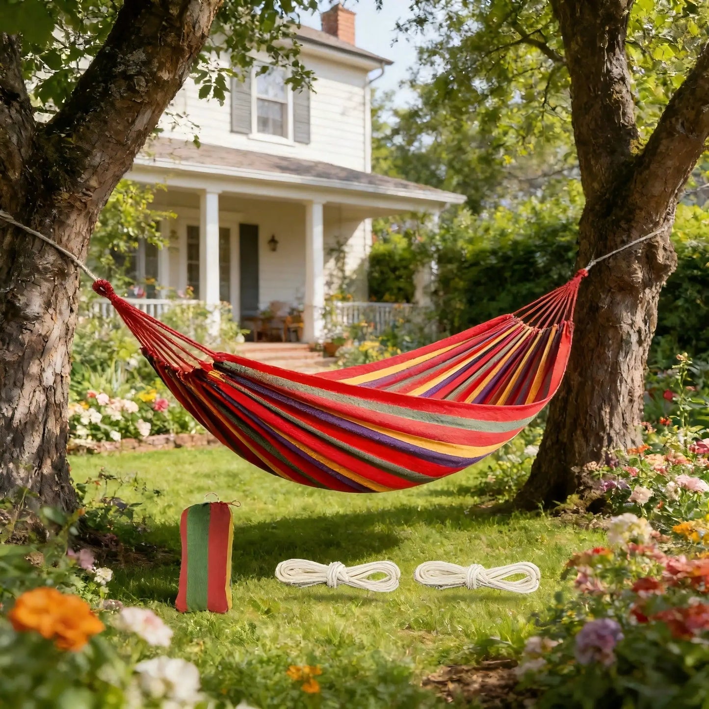 Blue-Green Striped Camping Hammock | Portable & Tear-Resistant Outdoor Relaxation Essential