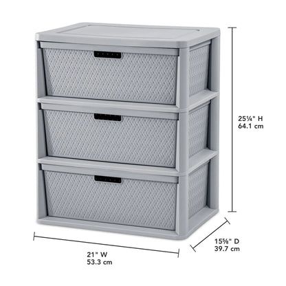 Wide 3 Drawer Tower, Plastic Storage Organizer with Removable Decorative Bins, Easy to Assemble - No Tools Needed, Gray