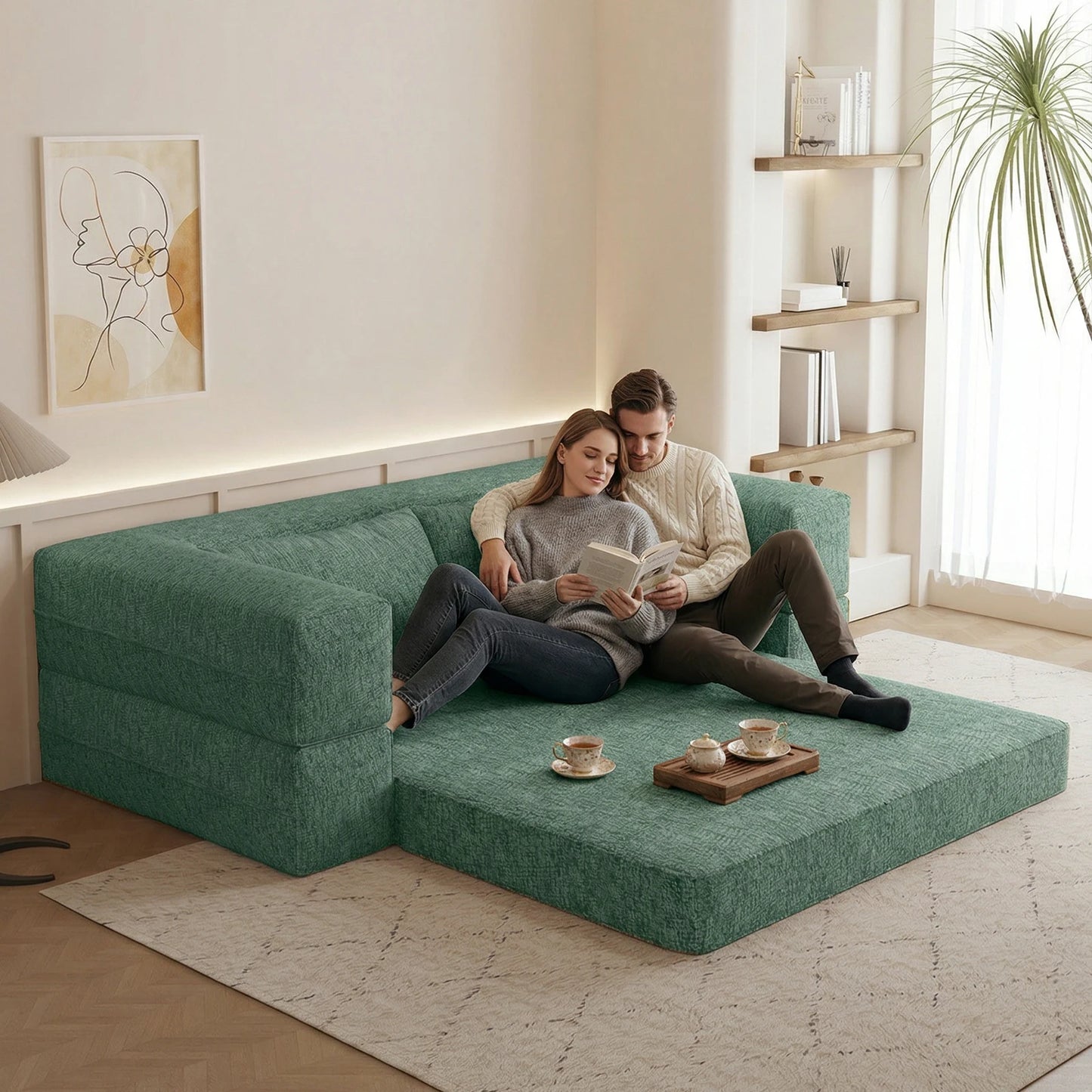 1.5m 1.8m 3-in-1 Chenille Vacuum Compressible Sofa Bed Home Foldable Floor Couch Soft Loveseat Lazy Sofa For Living Room Bedroom
