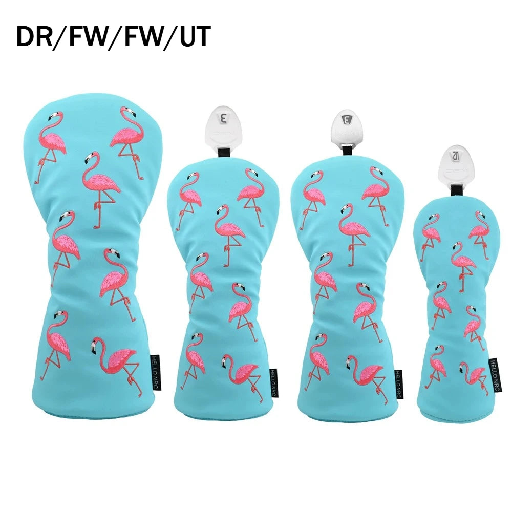 Cute Flamingo Embroidery Golf Headcover Waterproof PU Driver Fairway Wood Hybrid Golf Cover Golf Protection Accessories
