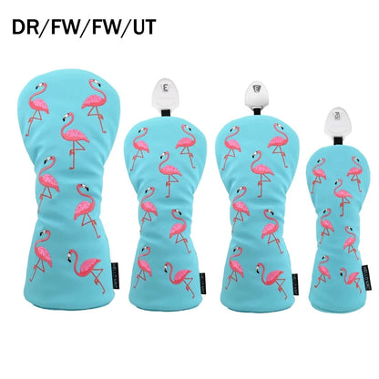 Cute Flamingo Embroidery Golf Headcover Waterproof PU Driver Fairway Wood Hybrid Golf Cover Golf Protection Accessories