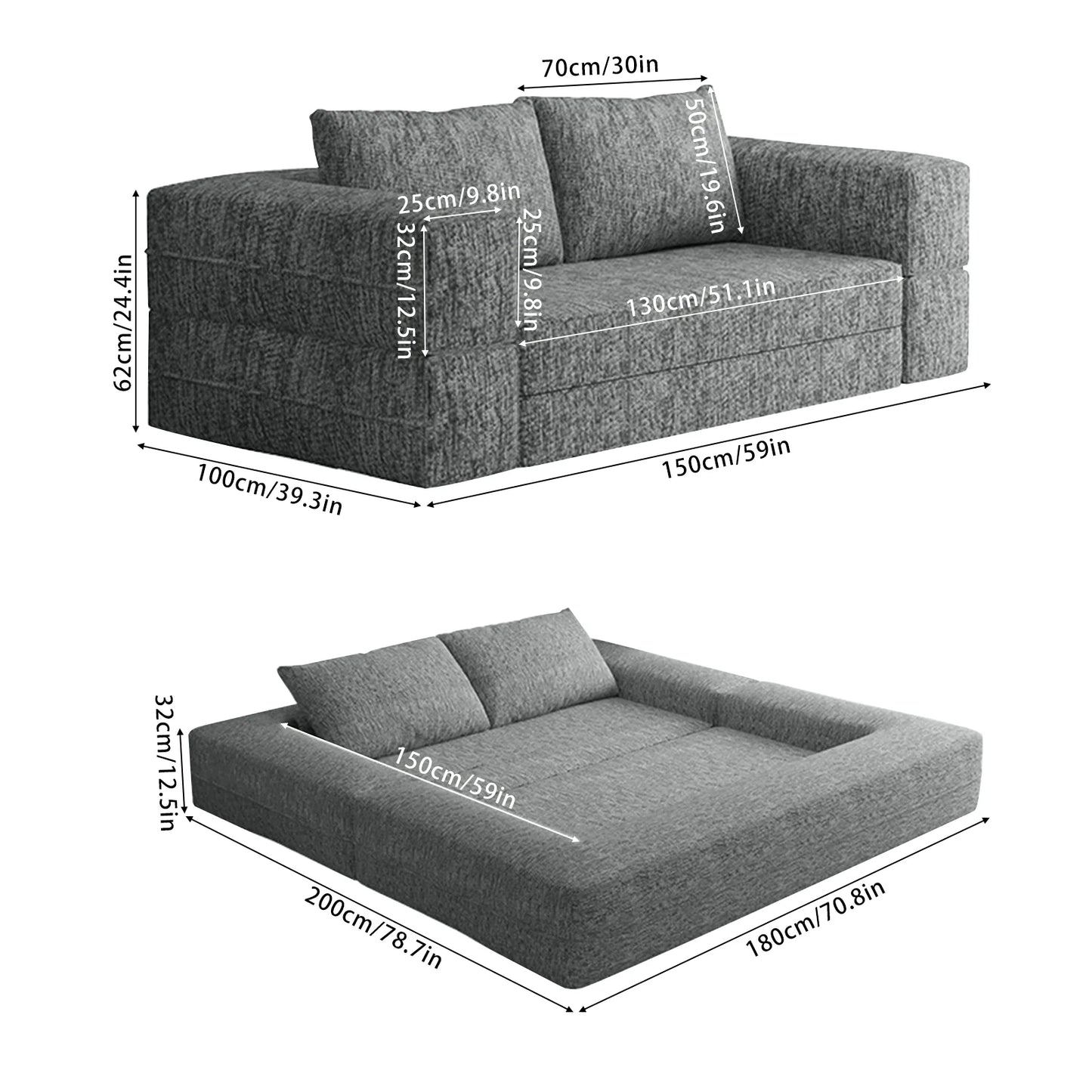 1.5m 1.8m 3-in-1 Chenille Vacuum Compressible Sofa Bed Home Foldable Floor Couch Soft Loveseat Lazy Sofa For Living Room Bedroom