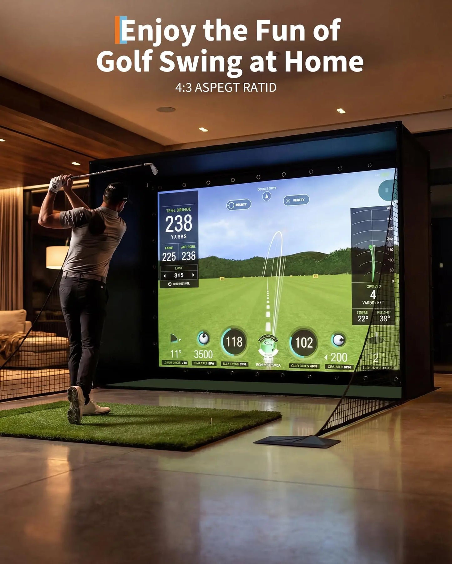 Golf Simulator Enclosure Package, 4K-Ready Impact Screen with Blackout Cage, Frame Poles, Bottom Fence mesh, Side Nets and Sandbags for Indoor or Garage Use, Guardrail
