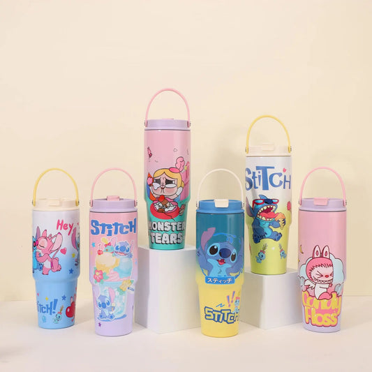 30OZ Stitch High-capacity Vacuum Cup Anime Stainless Steel Auto Cup Gradient Color Outdoor Portable Handheld Straw Cup