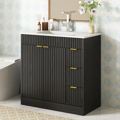 36 Inch Bathroom Vanity with Sink, Modern Fluted Bathroom Vanity with Sink with Storage Cabinet, Adjustable Shelf and 2 Soft Cl