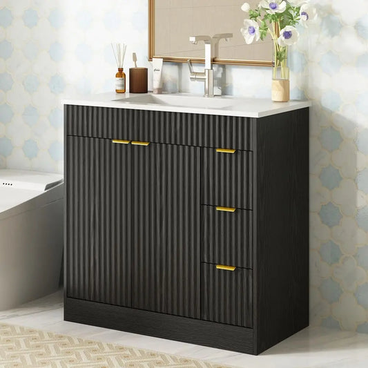 36 Inch Bathroom Vanity with Sink, Modern Fluted Bathroom Vanity with Sink with Storage Cabinet, Adjustable Shelf and 2 Soft Cl