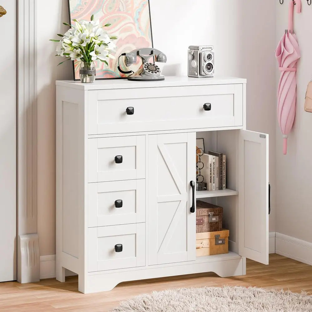 Farmhouse Storage Cabinet with 2 Doors and 4 Drawers, Freestanding Bathroom Storage Cabinet Kitchen Pantry, Floor Hutch Cupboar