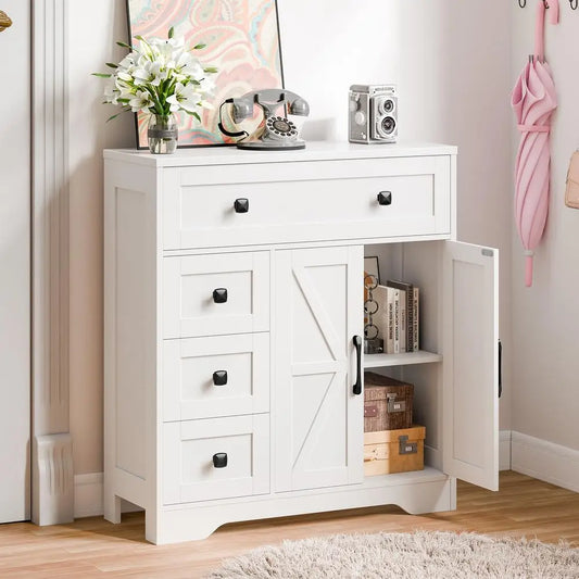 Farmhouse Storage Cabinet with 2 Doors and 4 Drawers, Freestanding Bathroom Storage Cabinet Kitchen Pantry, Floor Hutch Cupboar