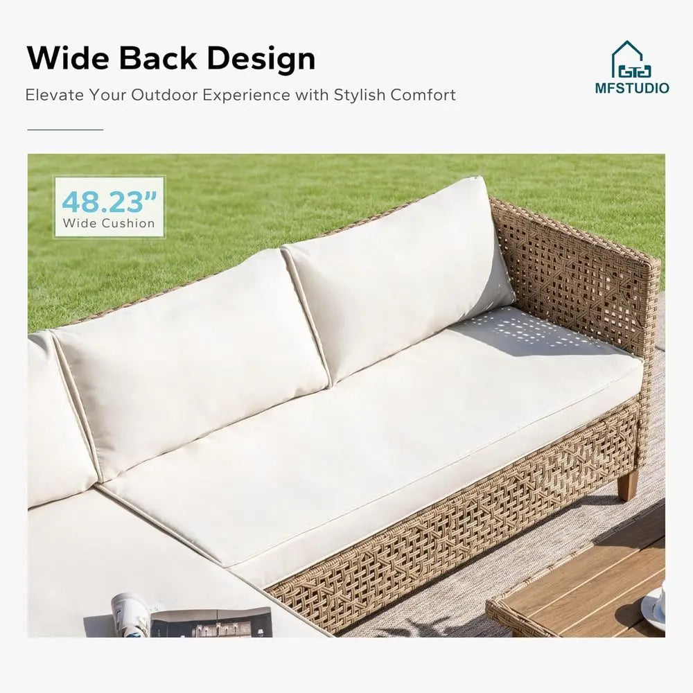 Beige 3-Piece Outdoor L-Shaped Wicker Sofa Set with Rattan Sectional and Acacia Coffee Table for Patio or Backyard