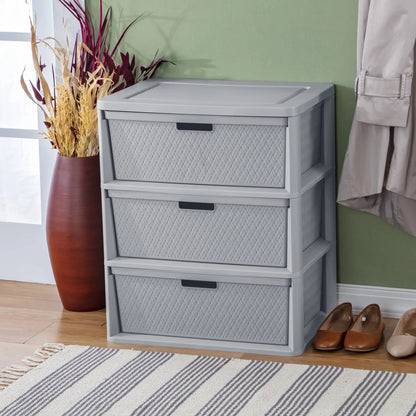 Wide 3 Drawer Tower, Plastic Storage Organizer with Removable Decorative Bins, Easy to Assemble - No Tools Needed, Gray