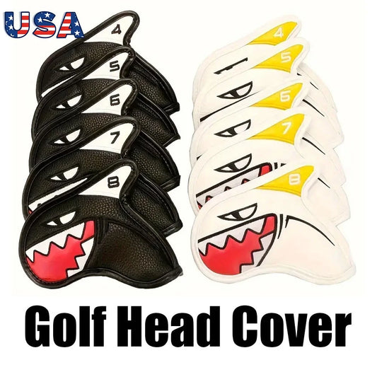 Golf Iron Head Covers 9-Piece Set Shark Design Black White Waterproof PU Leather with Numbered Tags for 4-9 AW PW SW Clubs Premium Protective Headcovers for Golf Practice Games and Tournaments