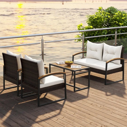 4PCS Patio Outdoor Furniture Rattan Conversation Sofa Set w/Tabletop & Cushions