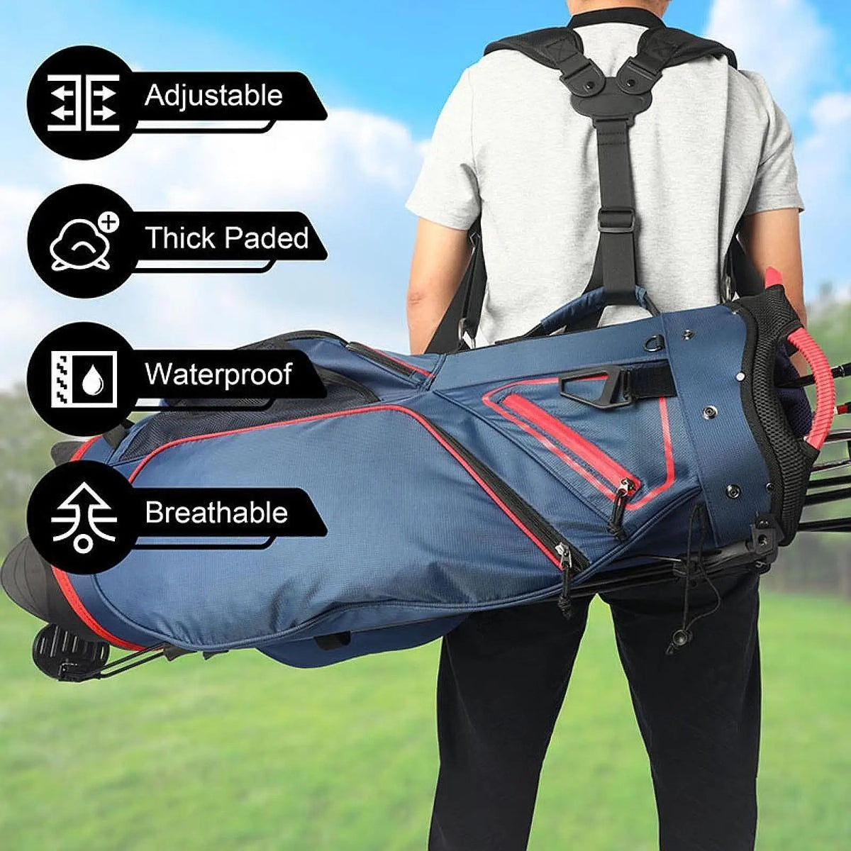 Double Shoulder Golf Bag Strap Adjustable Breathable Padded Universal Carry Harness for Course Range and Trips
