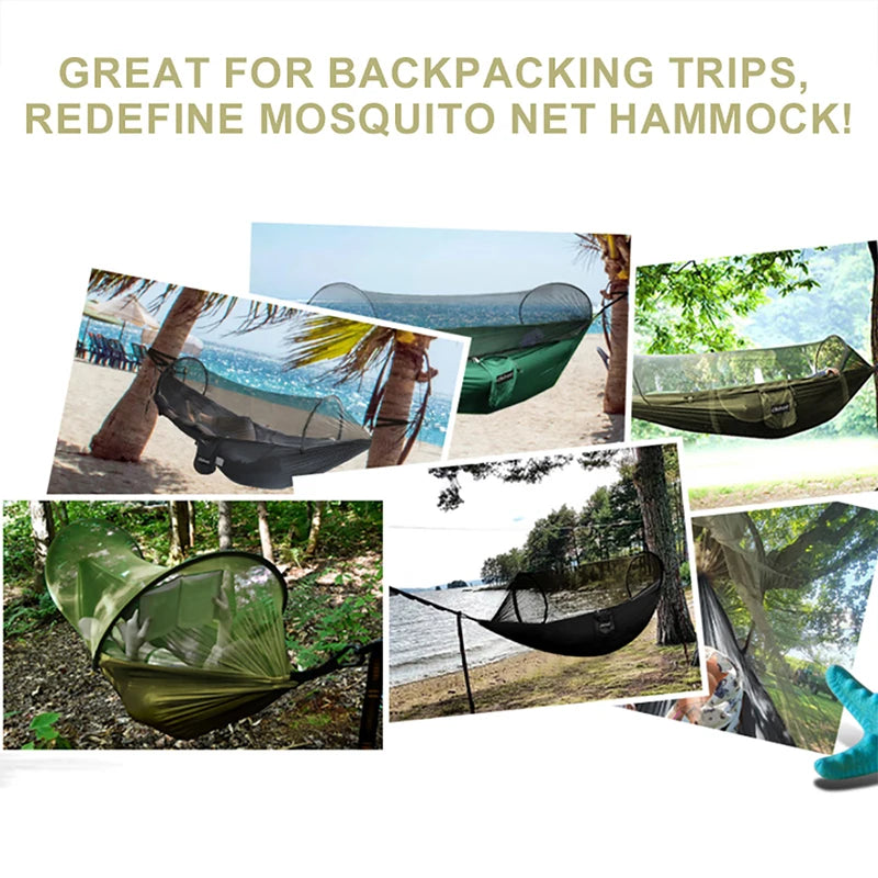 Outdoor Camping Hammock with Mosquito Net | Automatic Quick Opening Hanging Hammocks Fabric Hanging Sleeping Swing Bed