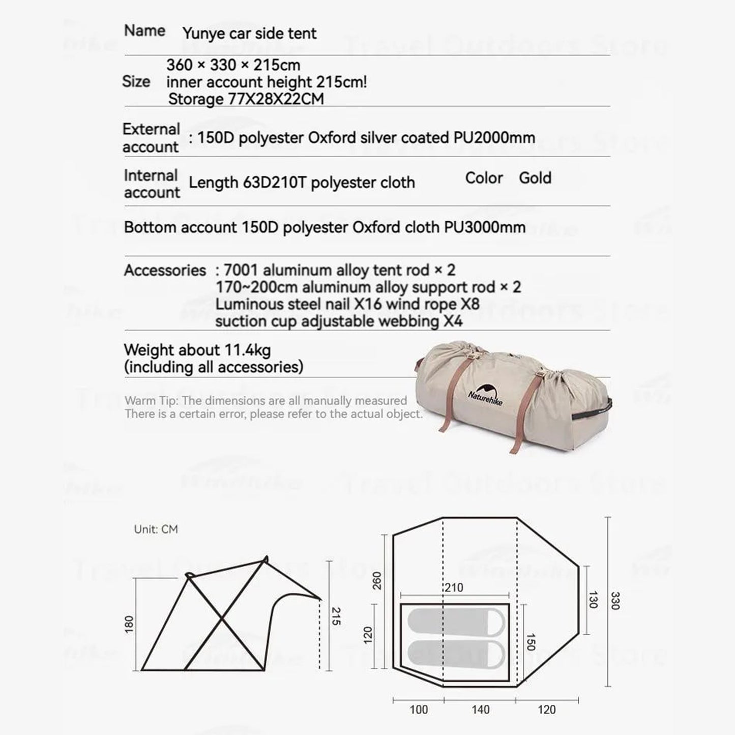 1-2 PERSON TENT Car Camping Shelter | SUV Rear Side Canopy | Family Camping Outdoor Luxury Camping Sunshade & Rainproof | 2.15m Height