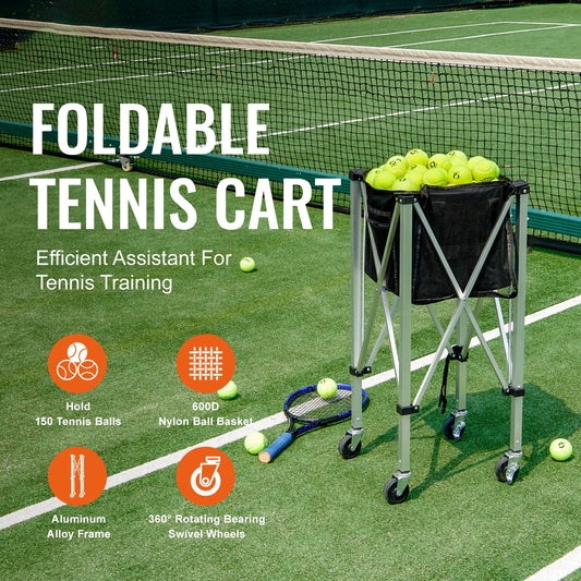 Foldable Tennis Ball Cart Holds 150/180 Tennis Balls Basket Hopper with Wheels for Sports Teaching Baseball Trolley