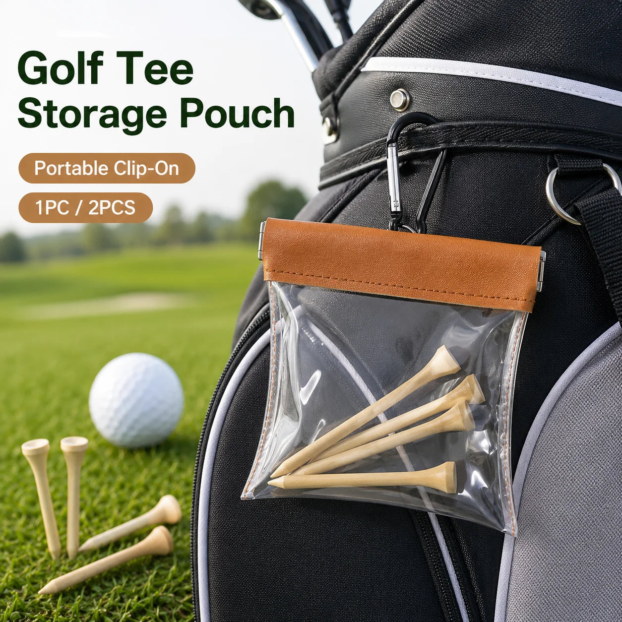 Clear PVC Golf Tee Pouch Portable Self Closing Storage Bag with Hanging Hook for Golf Course Practice Golf Bag Organization