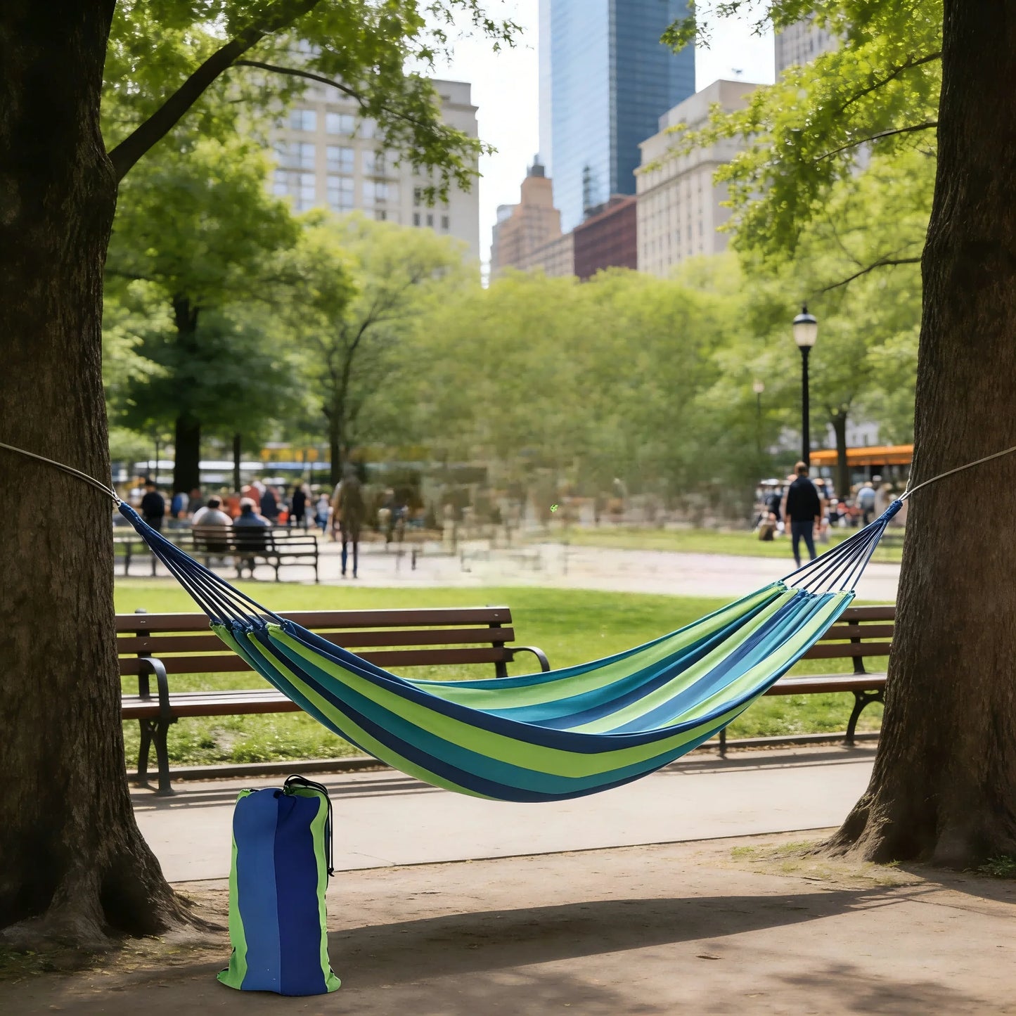 Blue-Green Striped Camping Hammock | Portable & Tear-Resistant Outdoor Relaxation Essential