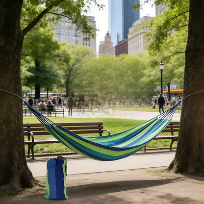 Blue-Green Striped Camping Hammock | Portable & Tear-Resistant Outdoor Relaxation Essential