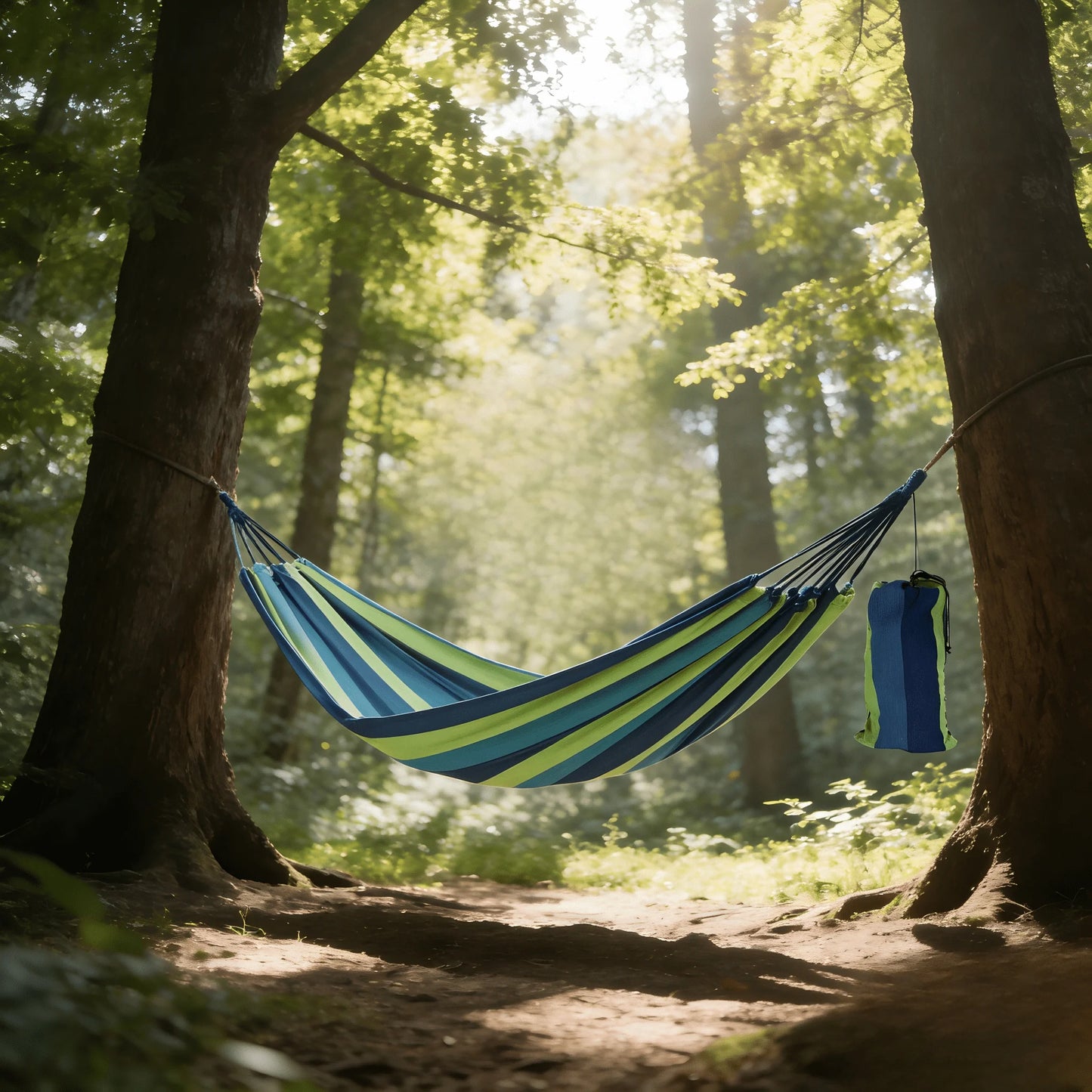 Blue-Green Striped Camping Hammock | Portable & Tear-Resistant Outdoor Relaxation Essential