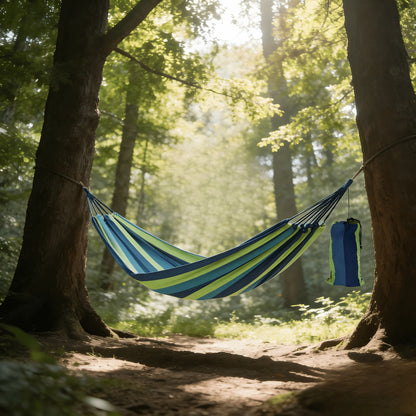 Blue-Green Striped Camping Hammock | Portable & Tear-Resistant Outdoor Relaxation Essential