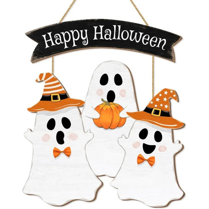 Halloween Ghost Door Sign | "BOO" Wooden Hanging Decor | Pumpkin & Wreath Party Decor