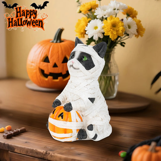 Resin Spooky Mummy Cat Figurine Halloween Decor Holding Pumpkin Sculpture Indoor Home Table Bookshelf Ornament Holiday Display